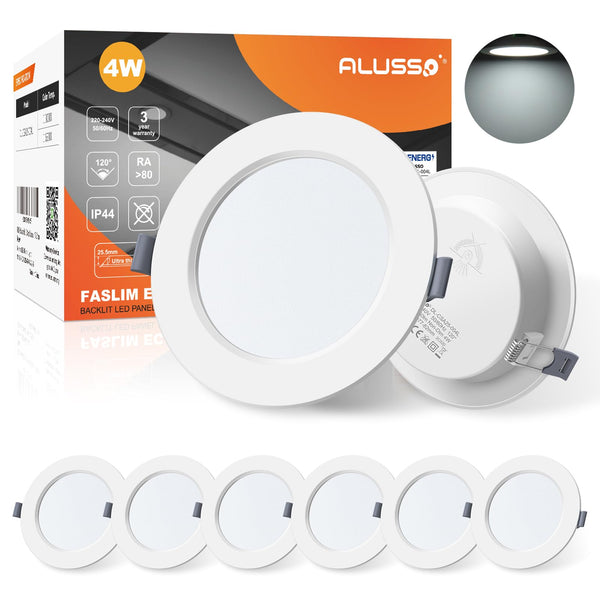 1 x Foco empotrable LED ALUSSO RAW de 230 V para techo, focos ultraplanos de 4 W, focos empotrables de techo finos, focos LED de color blanco frío de 6500 K, juego de 6 unidades para baño y salón - PVP 32,99 € – Jobalots Europe