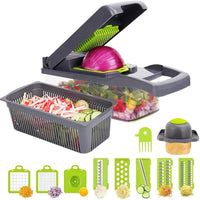 1 x RAW Customer Returns Vegetable Cutter, multifunctional vegetable cutter for dicing, grating slicing fruit and vegetables, 7 interchangeable stainless steel blades, protein separator, collecting container, finger guard, cleaning blade - RRP €8.44