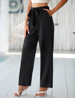 1 x RAW Customer Returns TOMEEK Pants Women Summer Cotton Linen Pants Elastic Waistband Wide Leg Pants with Tied Belt Loose Fit Pants Business Casual Pants Beach Pants with Pockets, Black, Size XXL - RRP €26.99