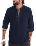 1 x RAW Customer Returns YAOBAOLE Men s Linen Long Sleeve Summer Mao Casual Henley Beach Shirt Classic Navy L - RRP €27.6