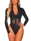 1 x RAW Customer Returns SEBOWEL Women s Sexy Sheer Mesh Bodysuit Rhinestone See-through Long Sleeve Leotard Jumpsuit Tops Bodycon Blouse T Shirt S, Black  - RRP €28.22