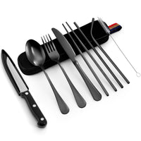 1 x RAW Customer Returns Odoland Cutlery Set 9 Pieces Stainless Steel Camping Cutlery with Steak Knives Knife Fork Spoon Portable Outdoor Travel Cutlery with 2 Straws Cleaning Brush Case Idea Gift for Travel Camping Black - RRP €16.72