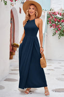 1 x RAW Customer Returns KILIG Maxi Dress Women Summer Halterneck Summer Dress Elegant Long Dress Wedding Guest Party Dress Slit Casual Dress Navy, S  - RRP €32.26