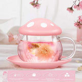 1 x RAW Customer Returns Rain House Glass Tea Cup, Cute Mushroom Cup with Mushroom Spoon, Strainer Filter, Transparent Teapot with Ceramic Lid, Coaster, Heat Resistant for Home and Office, 290ml Pink  - RRP €19.15