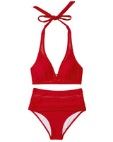 1 x RAW Customer Returns RXRXCOCO Women s Mesh Halter Backless Tummy Control High Waist Bikini Set Push Up Sexy V Neck Two Piece Swimsuits Swimwear Red Size L - RRP €39.99