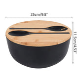 1 x RAW Customer Returns salad bowl black, salad bowl bamboo with wooden lid and cutlery, can be reused large serving bowl with fork spoon for cereal pasta salad vegetables 25 25 16 cm  - RRP €36.29