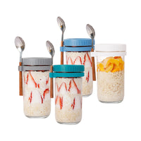 1 x RAW Customer Returns Overnight Oats Glasses with Lid and Spoon, Pack of 4 Overnight Oat Containers, Oat Glasses, Leak-Proof Yoghurt Cups, Food Containers for Cereal, Milk on the Go, Reusable Cups 600 ml  - RRP €39.22