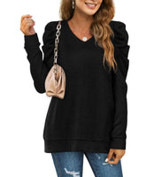 1 x RAW Customer Returns XIEERDUO Pullover Women s Sweatshirt Autumn Elegant Puff Sleeve Shirt V Neck Black Knitted Pullover Long Sleeve Blouse Long Sleeve Shirt M - RRP €26.99