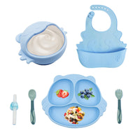 10 x Brand New CUAIBB Children s Tableware Set Silicone Non-Slip 6 Pieces Baby Plate Tableware Set Children s Plate with Suction Cup Bowl with Bib Spoon Fork BPA-free Tableware for Toddlers - Blue - RRP €205.8