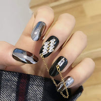 5 x Brand New Sethexy Shiny Black False Nails Reflection Magic Mirror Chic Rhinestone Gold Chain Oval Full Cover Acrylic 24pcs False Nails for Women and Girls - RRP €48.7