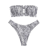 1 x RAW Customer Returns ZAFUL Women s Bikini Set, Off Shoulder Bandeau with Drawstring Ruffle High Cut Swimwear with Animal Print Bacon, S  - RRP €36.99