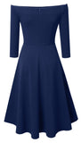 1 x RAW Customer Returns HOMEYEE Women s Vintage Cocktail Dress 3 4 Sleeve Off Shoulder Strapless Swing A-line Evening Dress A287 M, Navy Blue  - RRP €30.2