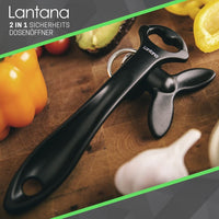 1 x RAW Customer Returns Lantana - 2 in 1 safety can opener easy-to-use manual can opener for safely opening cans Practical 2 in 1 function with bottle opener - black stainless steel - RRP €24.91