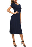 1 x RAW Customer Returns EXCHIC Women s Casual Round Neck A-Line Short Sleeve Midi Dress Summer Stretchy Knee Length Casual Dresses XXL, Navy Blue  - RRP €33.16