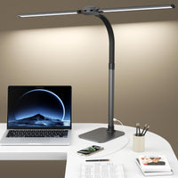 1 x RAW Customer Returns Kary LED desk lamp dimmable with base, 24W ultra bright double head table lamp for office, work, design, reading, eye care lamp with remote control and USB charging port, blue-gray - RRP €70.58