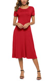 1 x RAW Customer Returns EXCHIC Women s Casual Round Neck A-Line Short Sleeve Midi Dress Summer Stretchy Knee Length Casual Dresses L, Red  - RRP €33.05