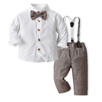 1 x RAW Customer Returns Volunboy Newborn Gentleman Outfits and Coordinates, Bow Shirt and Suspenders Trousers 4 Pieces 6-7 years, Khaki White, Size 140  - RRP €31.2