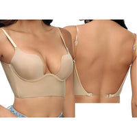 1 x RAW Customer Returns Women s Low Back Bra U-shaped Shiny Gather Large Backless For Women Convertible Transparent Detachable Straps as3, Cup Band, c, 75, tan  - RRP €19.15