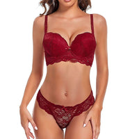 1 x RAW Customer Returns SHEKINI Women s Bra Set Bra and Thong Lace Strapless Removable Straps Push Up Underwire Bra Underwear Lingerie Thong Lingerie Sets Red, 36 80B  - RRP €26.42