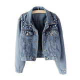 1 x RAW Customer Returns Avondii Women s Denim Jacket with Pearls Short Blue Denim Jacket Tops 2XL, Blue  - RRP €40.33