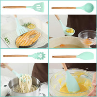 1 x RAW Customer Returns Silicone Cooking Utensil Set 9 Pieces Natural Wooden Handles Cooking Tool Turner Tongs Spatula Spoon for Non-Stick Cookware Mint Green - RRP €26.16