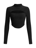 1 x RAW Customer Returns GORGLITTER Women s Cut Outs T-Shirts Crop Top Cropped Pullover Asymmetrical Stand-Up Collar Long Sleeve Shirt Black S - RRP €20.16