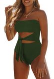 1 x RAW Customer Returns Viottiset Women s Bandeau Swimsuit Tummy Control Strapless Monokini One Piece High Cut Waist Tie Swimwear Dark Green XL - RRP €34.27