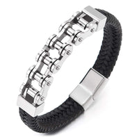 1 x RAW Customer Returns COOLSTEELANDBEYOND Stainless Steel Bicycle Chain Motorcycle Motorbike Chain Braided Leather Bracelet Bangle for Men - RRP €26.21