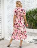 2 x Brand New Summer Long Dress V-Neck Short Sleeve Floral Maxi Dress A-Line Summer Dress Boho Beach Dress Pink, XXL  - RRP €55.2