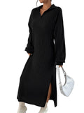 1 x Brand New GORGLITTER Women s Pullover Dress V Neck Long Casual Dresses Long Sleeve Winter Dress Elegant Knitted Dress with Slit Black L - RRP €34.99