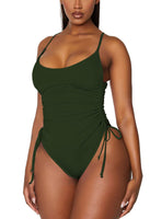 1 x RAW Customer Returns Viottiset Women s One-Piece Monokini Drawstring Swimsuit High Waist Tummy Control Pleated Beach Wear Army Green XL - RRP €32.9