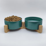 1 x Brand New 2 Ceramic Bowls with Bamboo Stand for Dogs and Cats for Pets - Raised Ceramic Cat Bowl, Food Bowl and Water Bowl 850ml 2, Green  - RRP €20.4