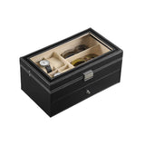 1 x RAW Customer Returns AUTOARK Leather Watch Box, for 6 Watches and 9 Sunglasses, with Drawer, Clear Glass, Black, AWU-048 - RRP €35.36