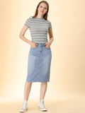 1 x RAW Customer Returns Allegra K Women s High Waist Denim Skirt Pockets Knee Length Jeans Skirt Midi Skirt Light Blue L - RRP €50.41