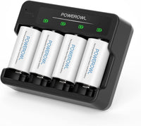 1 x RAW Customer Returns POWEROWL D battery with 4-way charger, battery charger Type-C USB quick charge for AA AAA CD NI-MH batteries Rechargeable D batteries - 4 pieces - RRP €34.27