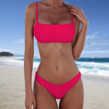 1 x RAW Customer Returns meioro Sexy Bikini for Women 2 Piece Swimwear Low Waist Solid Color Swimwear High Leg Bathing Suit Beachwear M,Bright Pink  - RRP €25.99