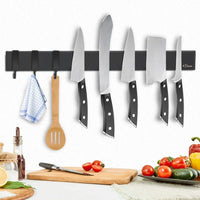 1 x RAW Customer Returns Dmore magnetic knife strip with 3 hooks, 40 cm knife holder magnetic black, extremely self-adhesive magnet knife holder made of stainless steel, including adhesive tape and screws, for knives and utensils - RRP €26.56