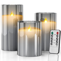 1 x RAW Customer Returns SUNNEST LED flameless candles in glass, battery operated, with remote control and timer function, realistic, warm light with flame shaking effect, set of 3 wax pillar candles, gray - RRP €21.17