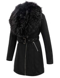 1 x RAW Customer Returns Geschallino Women s Long Jacket in Faux Suede Parka Lined in Warm Fleece with Detachable Fur Collar FF206 Black M - RRP €81.6