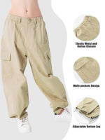 1 x RAW Customer Returns Rolanko girls cargo pants, cotton baggy pants with elastic waist and multiple pockets for children aged 6-15 years, beige, size 140 - RRP €32.1