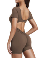 1 x RAW Customer Returns ZAAYO Women s Jumpsuit Short Tight Scrunch Butt Bodysuit U Collar Body One Piece Yoga Sexy Backless Sports Overall Romper Gym Workout Bodycon Coffee XS - RRP €35.69