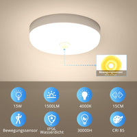 1 x RAW Customer Returns Combuh LED Ceiling Light Motion Sensor 15W 1500LM 4000K Natural Light IP56 Waterproof Round LED Ceiling Lamp for Outdoor Indoor Staircase Bathroom Garage Corridor - RRP €19.46