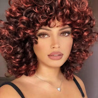 1 x RAW Customer Returns PORSMEER Afro Wig Women s Synthetic Curly Wig Natural Hair for Women, Kinky Big Curly with Bangs Short Wigs for Black Women Black with Dark Red  - RRP €27.59