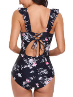 1 x RAW Customer Returns Summer Mae Women s One-Piece Swimsuit V-Neck Ruffle Tummy Control Monokini Black Pink Flowers L - RRP €24.0