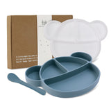 1 x RAW Customer Returns Baby Plate with Non-Slip Suction Cup, Silicone Children s Plate with Lid and Spoon Baby Plate Divided Toddler Tableware Set with Gift Box, BPA Free Dishwasher Safe, Blue - RRP €18.49