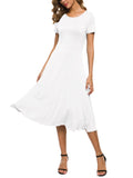 1 x RAW Customer Returns EXCHIC Women s Casual Round Neck A-Line Short Sleeve Midi Dress Summer Stretchy Knee Length Casual Dresses M, White  - RRP €32.88