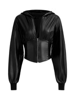 1 x RAW Customer Returns GORGLITTER Crop Jacket Women s Leather Jacket with Hood Pu Leather Jacket Crop Jacket Thin Jacket Lightweight Transition Jacket with Zip Black L - RRP €31.25