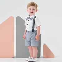 1 x RAW Customer Returns Volunboy Baby Boys Suit Set Clothing Shirt with Bow Tie Suspender Shorts Romper Suit Light Blue White 9-12 Months Size 70  - RRP €28.99