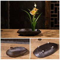 1 x RAW Customer Returns WANDIC Flower Arrangement Accessories Boat Shape Ikebana Vases Ceramic with 4cm Round Frog Flowers for Ikebana Flower Arrangement Art Home Decoration Black Dotted - RRP €32.56