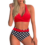 1 x RAW Customer Returns Baynetin Women s Two-Piece Swimsuit V-Neck High Waist Push Up Padded Floral Print Sports Bra Bikini Set Red Black Dots, XL  - RRP €25.99